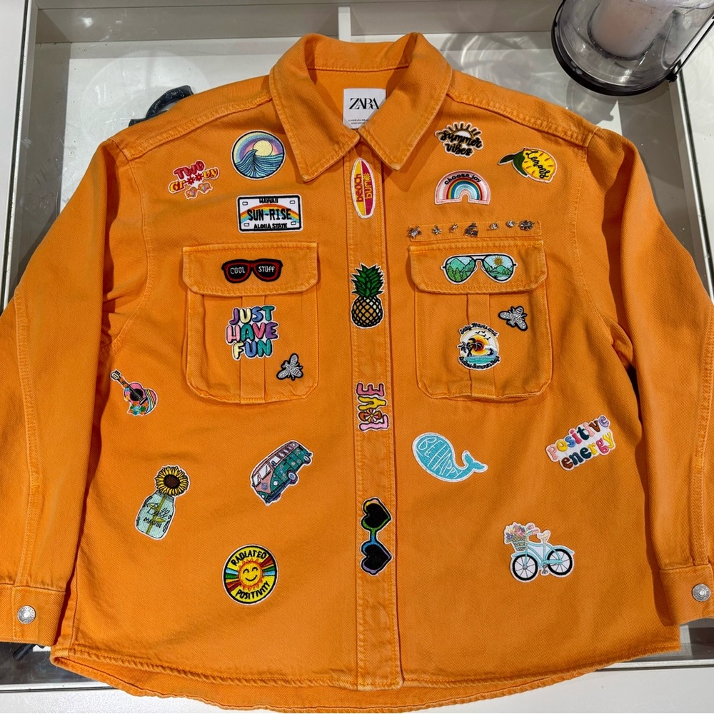 Zara Vibrant Orange Patch Jean Jacket handmade.